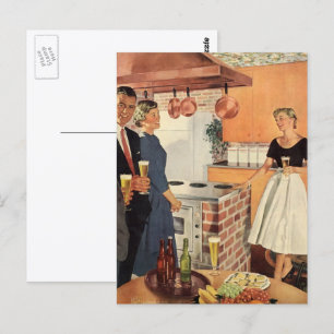 Carte Postale Fête rétro dans la cuisine, bière et amuse-gueules
