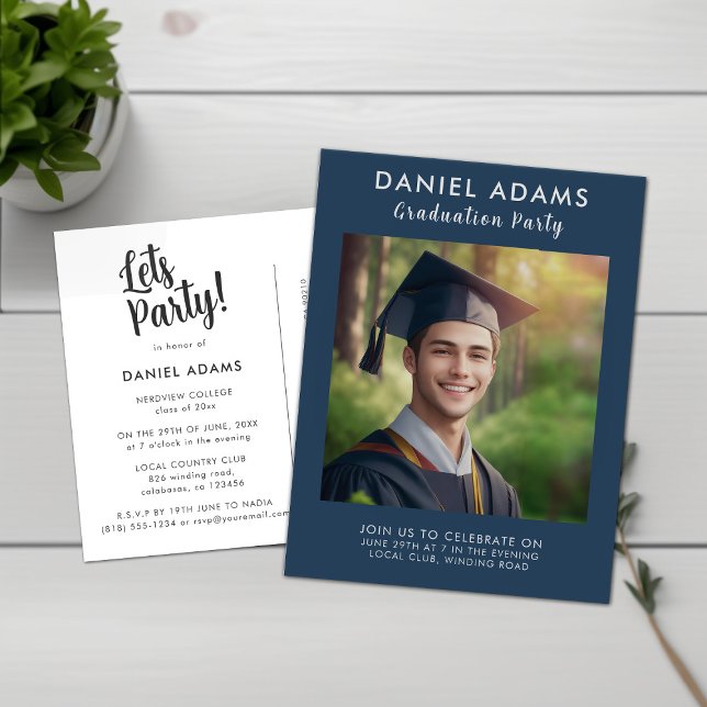 Carte Postale Fête | Simple Navy Blue Border Grad Party (Créateur téléchargé)