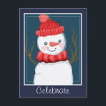 Carte Postale Fêter les fêtes Snowman<br><div class="desc">numériquement bonhomme de neige de couleur en rouge foulard rayé et casquette tricoté rouge. Il y a une petite forme cardiaque sur sa branche. Options de texte réglables à l'avant et à l'arrière de la carte. Oeuvre de Valarie Wade.</div>