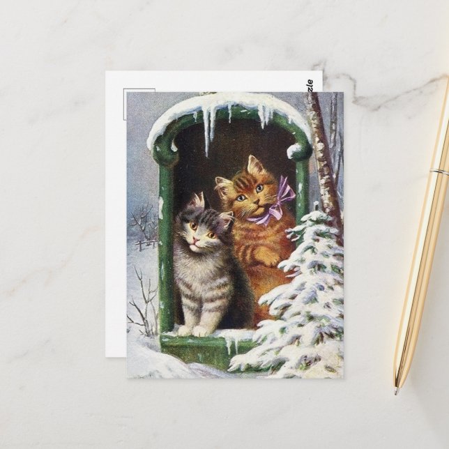 Carte Postale fêter vintage Noël chats vacances (Devant/Arrière en situation)