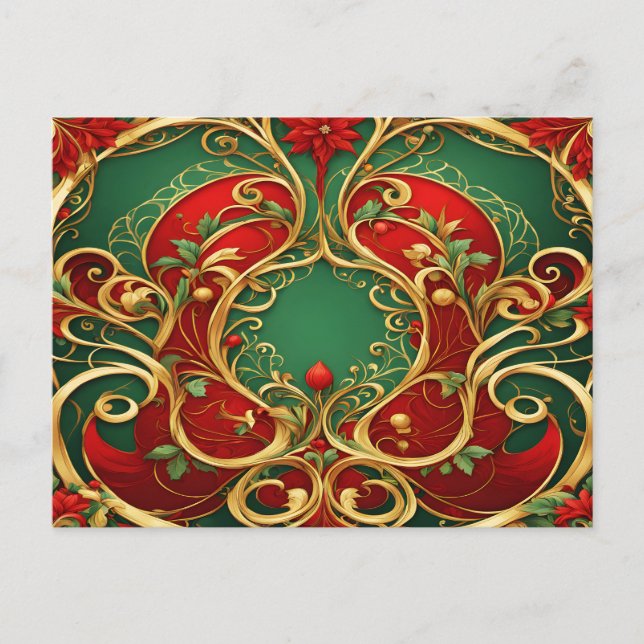 Carte Postale Fêtes de Noël Rouge Vert Floral (Devant)