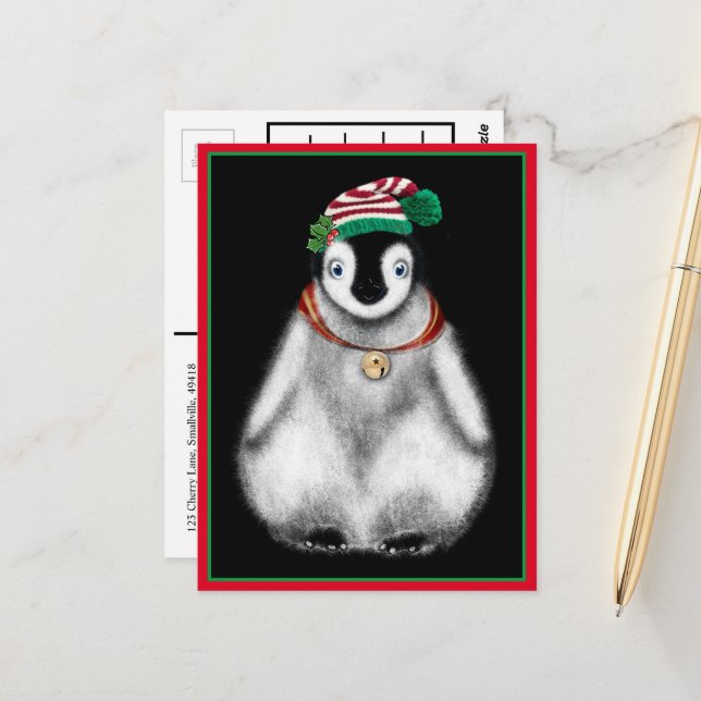Carte Postale Fêtes festives de Noël Pingouin (Devant/Arrière en situation)