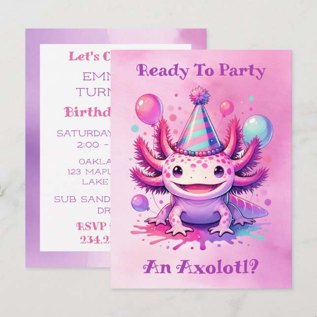 Carte Postale Fêtons la fête d'anniversaire de la fille Axolotl (Devant / Derrière)
