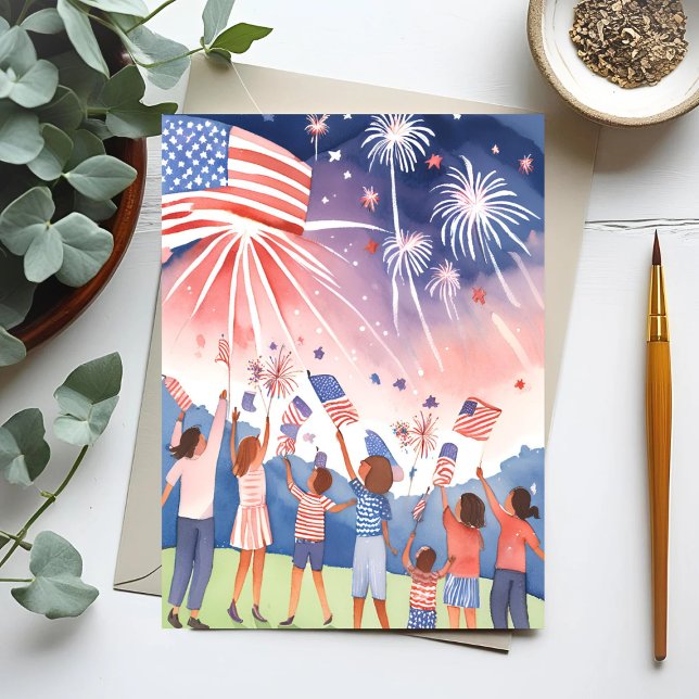 Carte Postale Feu d'artifice du 4 juillet | Aquarelle USA (Créateur téléchargé)