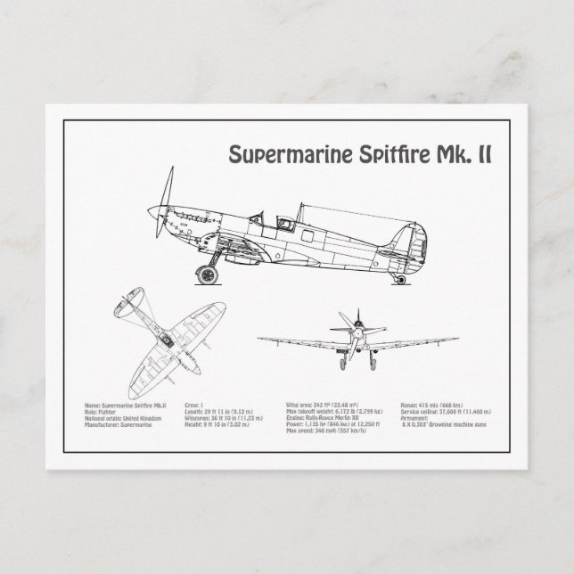 Carte Postale Feu Spitfire Supermarine - Plan d'avion BD (Devant)