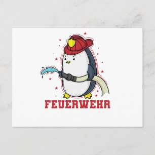 Carte Postale Feuerwehr Pinguin mit Feuerwehrhelm und Schlauch