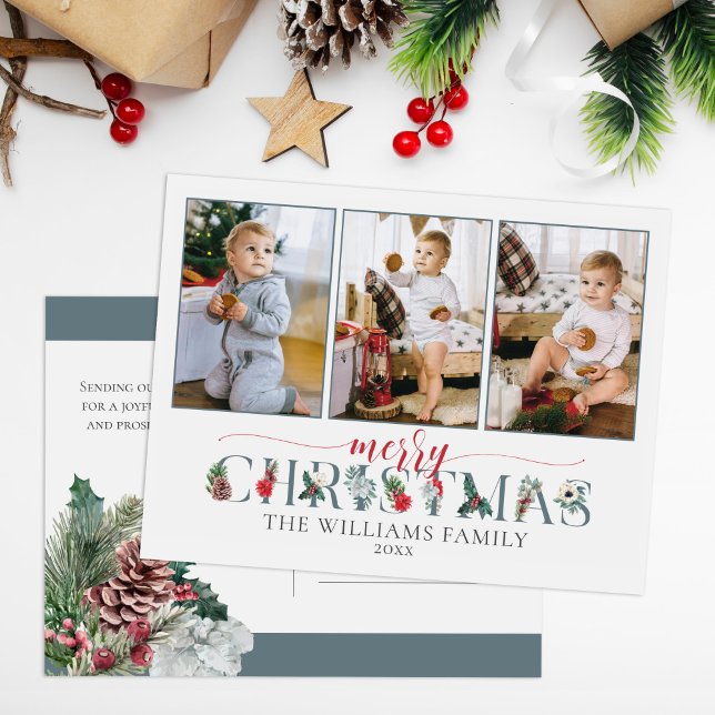 Carte Postale Feuillage de fête Joyeux Noël Fleurs 3-Photos (Créateur téléchargé)