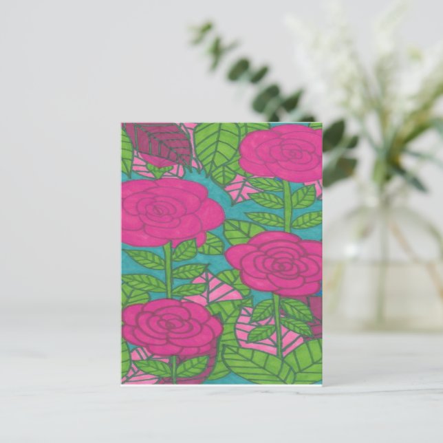 Carte Postale Feuillage et fleurs tropicaux rose et vert (Debout devant)