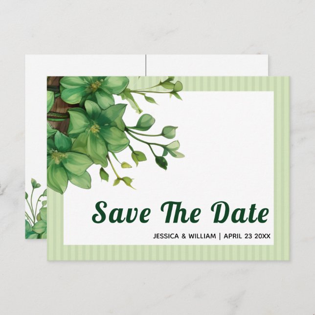 Carte Postale Feuillage et rayures Save the Date mariage de prin (Devant / Derrière)