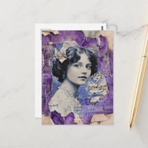 Carte Postale Feuille de musique de collage de femme vintage vio