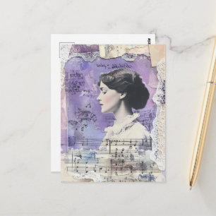 Carte Postale Feuille de musique de collage de femme vintage vio