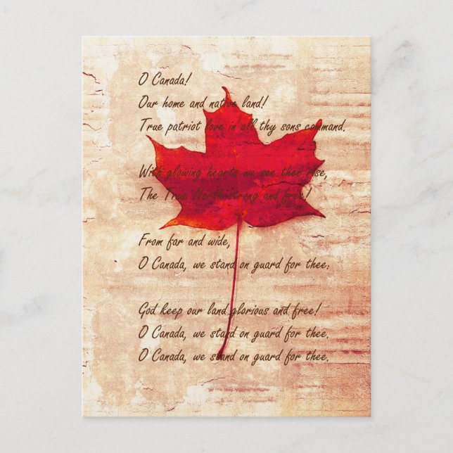 Carte Postale feuille d'érable canadienne rouge avec hymne natio (Devant)