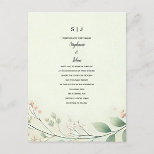 Carte Postale Feuille Floral Monogramme Sage Vert Beige Mariage