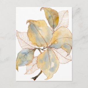 Carte Postale Feuilles botaniques aquarelles bleu or mat