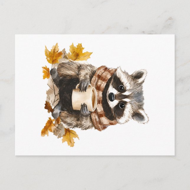 Carte Postale Feuilles d'automne confortable raccoon avec tasse  (Devant)