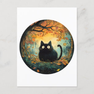 Carte Postale Feuilles d'automne douillette chute noir chat dans