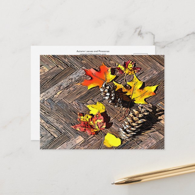 Carte Postale Feuilles d'automne et Pinecones (Devant/Arrière en situation)
