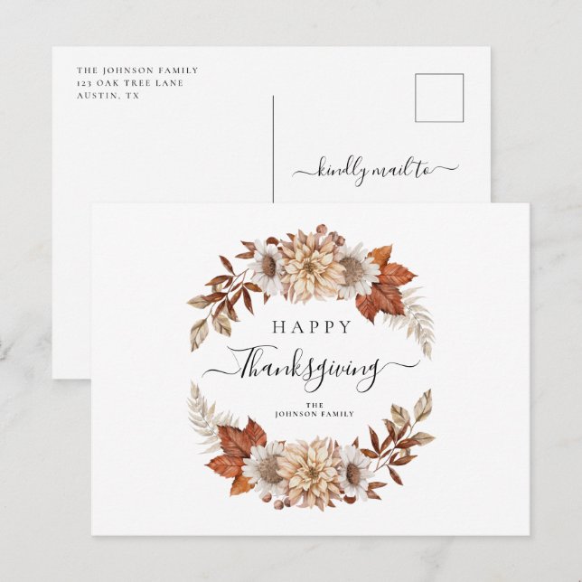 Carte Postale Feuilles de chêne rustiques Joyeux Thanksgiving  (Devant / Derrière)