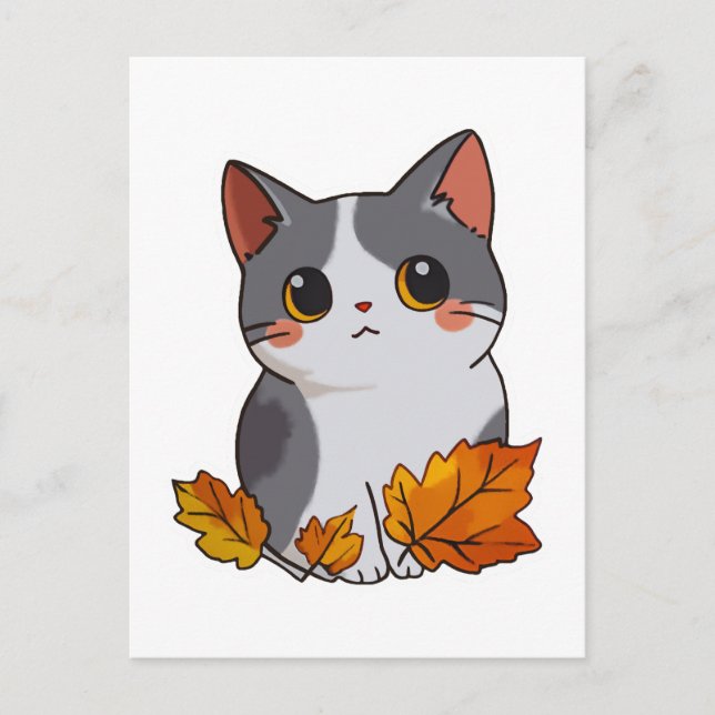 Carte Postale Feuilles de chute de chat mignonne Anime (Devant)