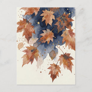Carte Postale Feuilles de érable d'automne en aquarelle Navy Or