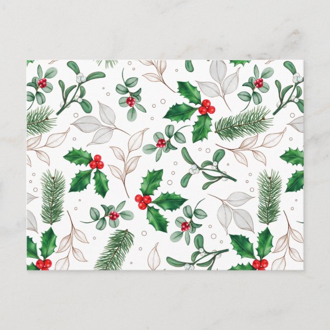 Carte Postale Feuilles de Noël et baies à l'aquarelle blanches (Devant)