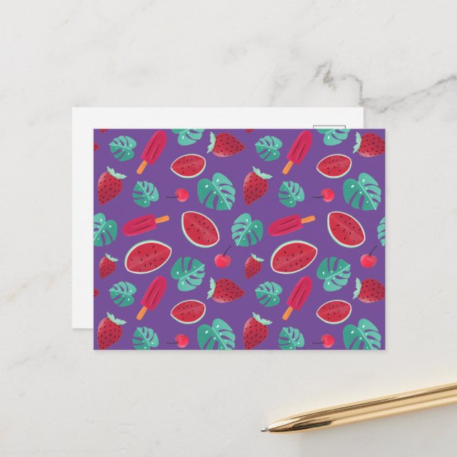 Carte Postale Feuilles de pavot, cerise, fraise et pastèque (Devant/Arrière en situation)