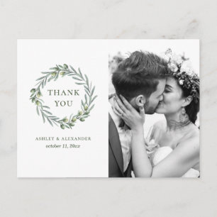Carte Postale Feuilles d'olive aquarelle. Merci pour le mariage