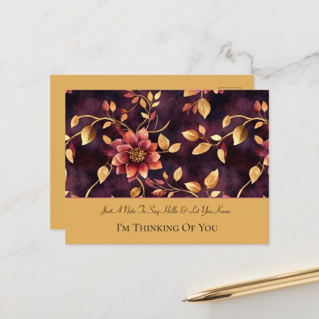 Carte Postale Feuilles dorées de Bourgogne Fleurs Pensée pour vo (Devant/Arrière en situation)