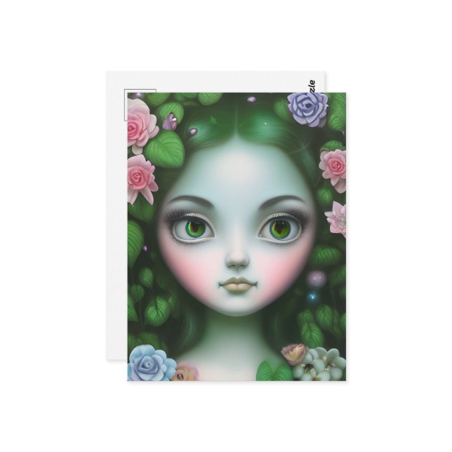 Carte Postale Feuilles verts et fleurs Fille de la forêt (Devant/Arrière en situation)