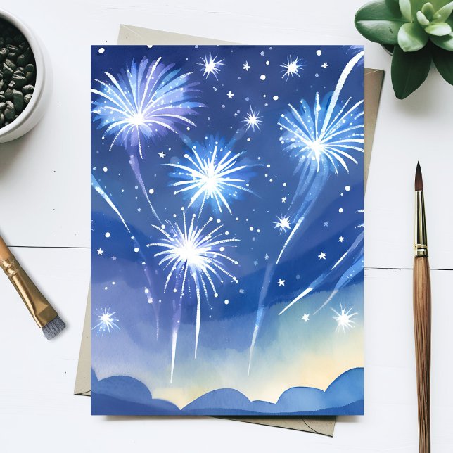 Carte Postale Feux d'artifice bleus | Aquarelle de célébration d (Créateur téléchargé)