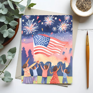 Carte Postale Feux d'artifice du 14 juillet   Fête USA Aquarelle