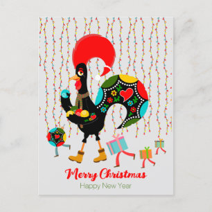 Carte Postale Feux de Noël, baubles, cadeaux et coq