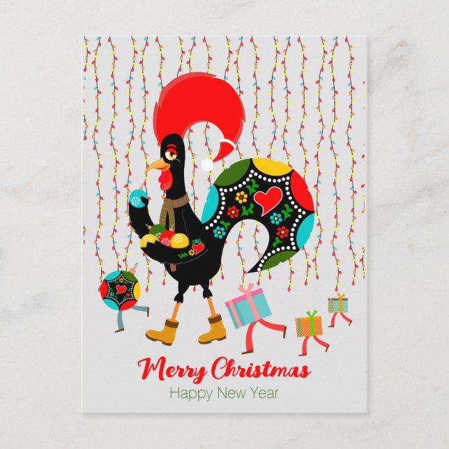 Carte Postale Feux de Noël, baubles, cadeaux et coq (Devant)