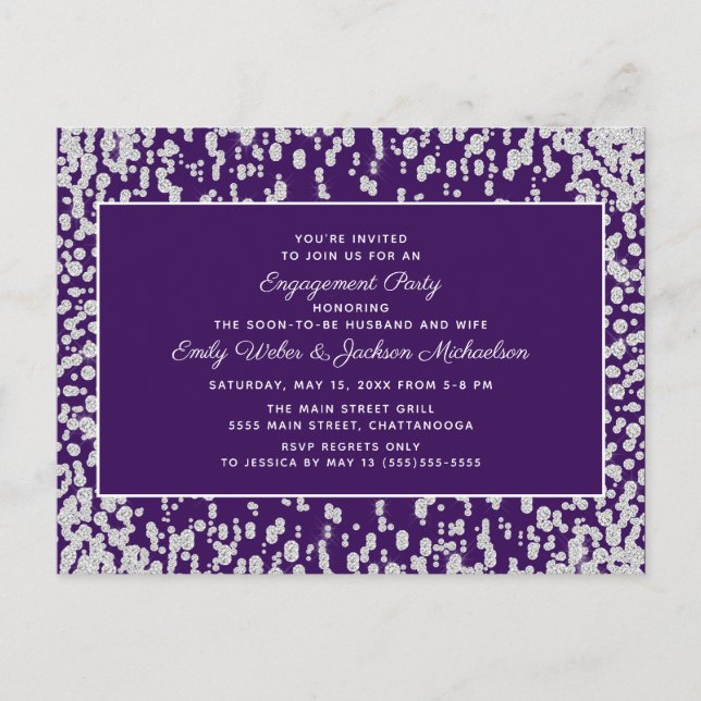 Carte Postale Fiançailles Confetti en argent violet (Devant)