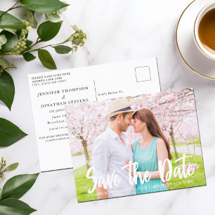 Carte Postale Fiançailles de script blanc chic photo Enregistrer