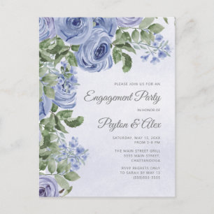 Carte Postale Fiançailles Florales Aquarelle Bleu Poussiéreux