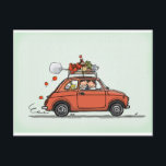 Carte Postale Fiat vintage 500<br><div class="desc">Dessin de couleur douce d'un Fiat 500 vintage chargé de nourriture et de boissons italiennes</div>