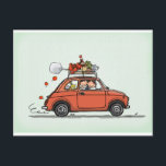 Carte Postale Fiat vintage 500<br><div class="desc">Dessin de couleur douce d'un Fiat 500 vintage chargé de nourriture et de boissons italiennes</div>