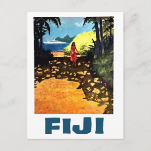 Carte Postale Fidji, femme sur la côte tropicale et bateau de to
