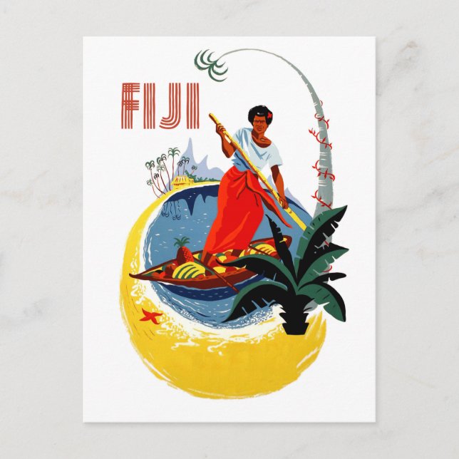 Carte Postale Fidji, homme sur un petit bateau (Devant)
