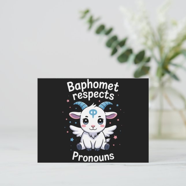 Carte Postale Fierté transgenre Baphomet respecte les pronoms (Debout devant)