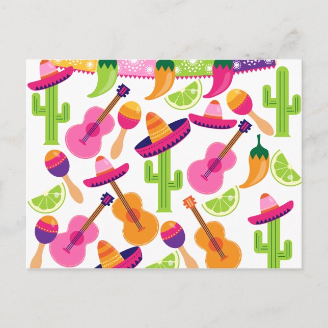 Carte Postale Fiesta Party Sombrero Cactus Lims Peppers Maracas (Devant)