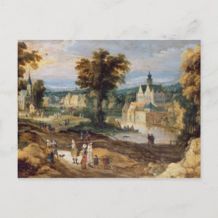Carte Postale Figurines dans un paysage avec village et bey chât