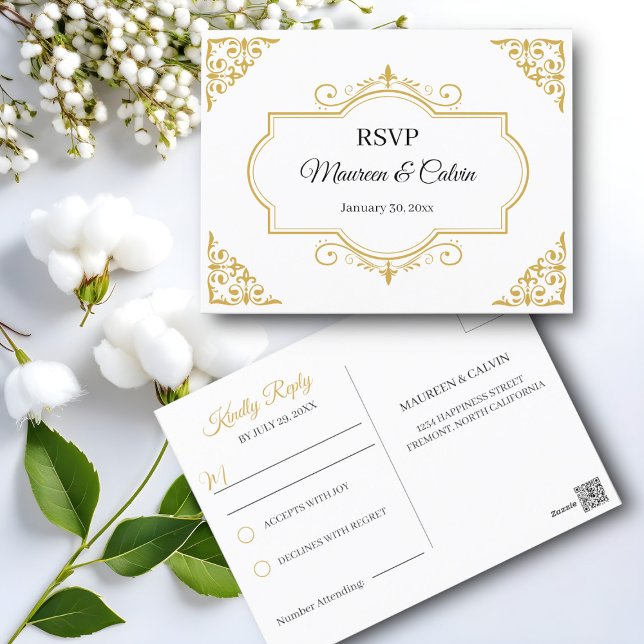 Carte Postale Filigree or élégant sur blanc, mariage RSVP (Créateur téléchargé)