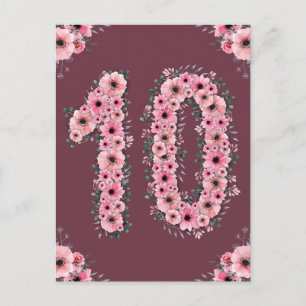 Carte Postale Fille 10ème anniversaire rose fleurs vert feuillag