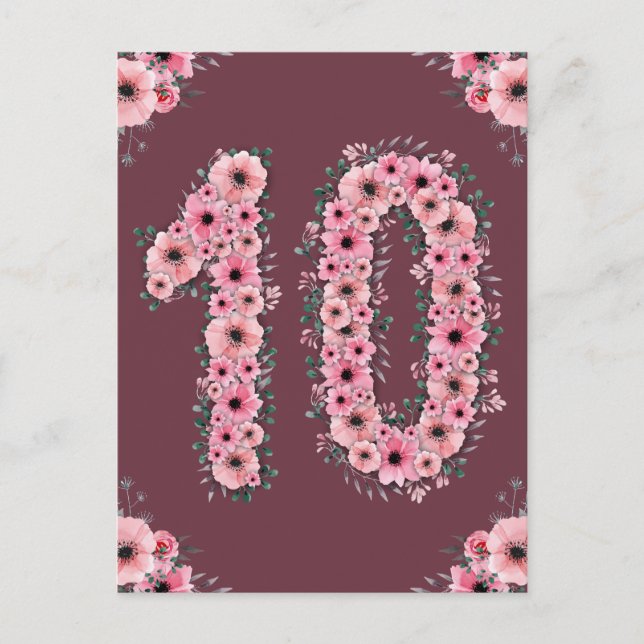 Carte Postale Fille 10ème anniversaire rose fleurs vert feuillag (Devant)