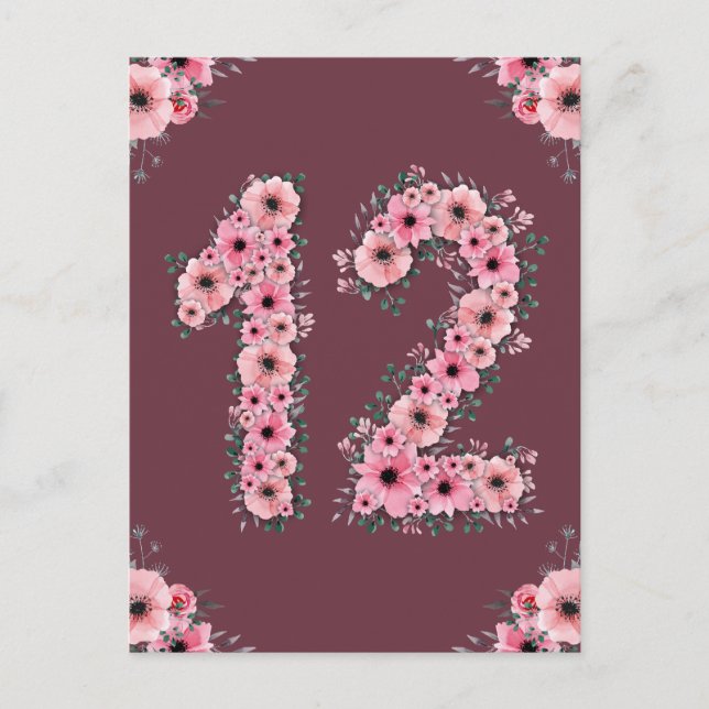 Carte Postale Fille 12e anniversaire Fleurs roses Feuillage vert (Devant)