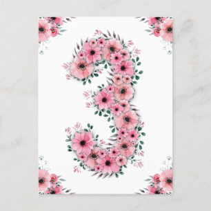 Carte Postale Fille 3ème anniversaire Fleurs roses Feuillage ver
