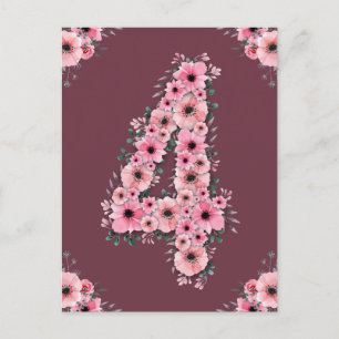 Carte Postale Fille 4ème anniversaire Fleurs roses Feuillage ver