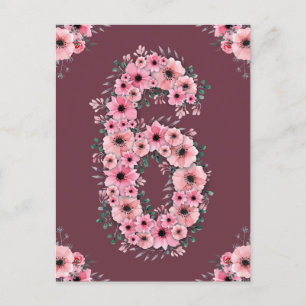 Carte Postale Fille 6ème anniversaire Fleurs roses Feuillage ver